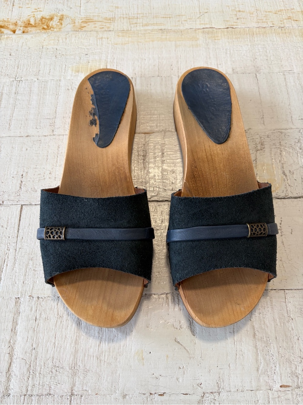 Sanita Clog Sandals EU size 40 US 8.5 9 Navy Blue Suede Slip On Wooden - Picture 2 of 15